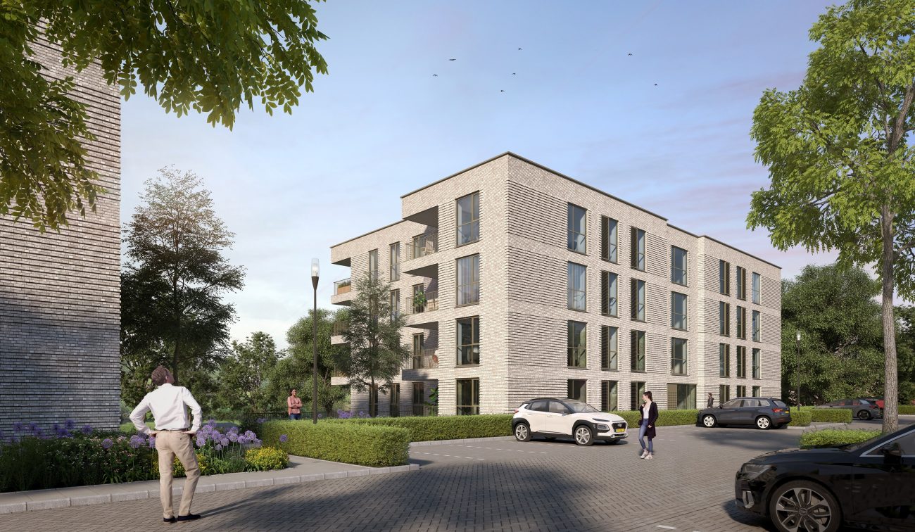 Impressie van het nieuwbouwproject De Jonkvrouw in Geldrop, met weergave van het moderne appartementencomplex en de architectonische uitstraling.
