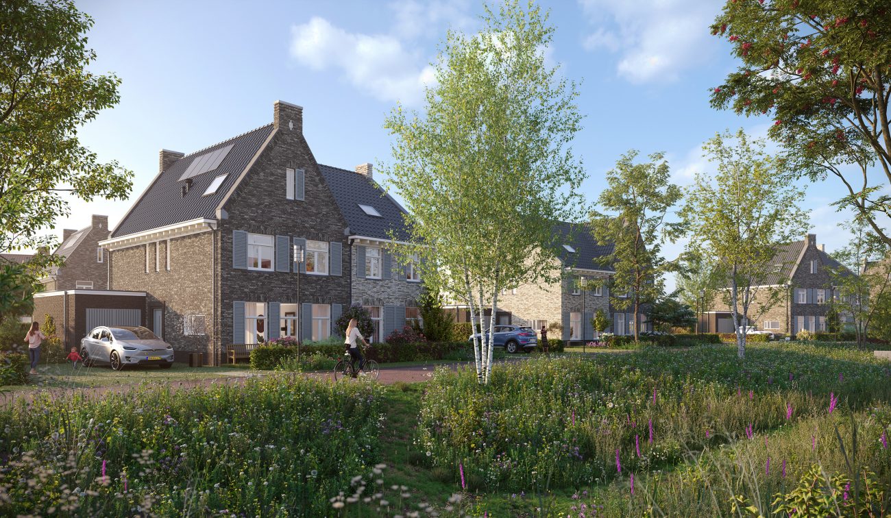 Impressie van twee-onder-een-kapwoningen in het nieuwbouwproject Land van Anna in Goirle, met moderne architectuur en groene omgeving.