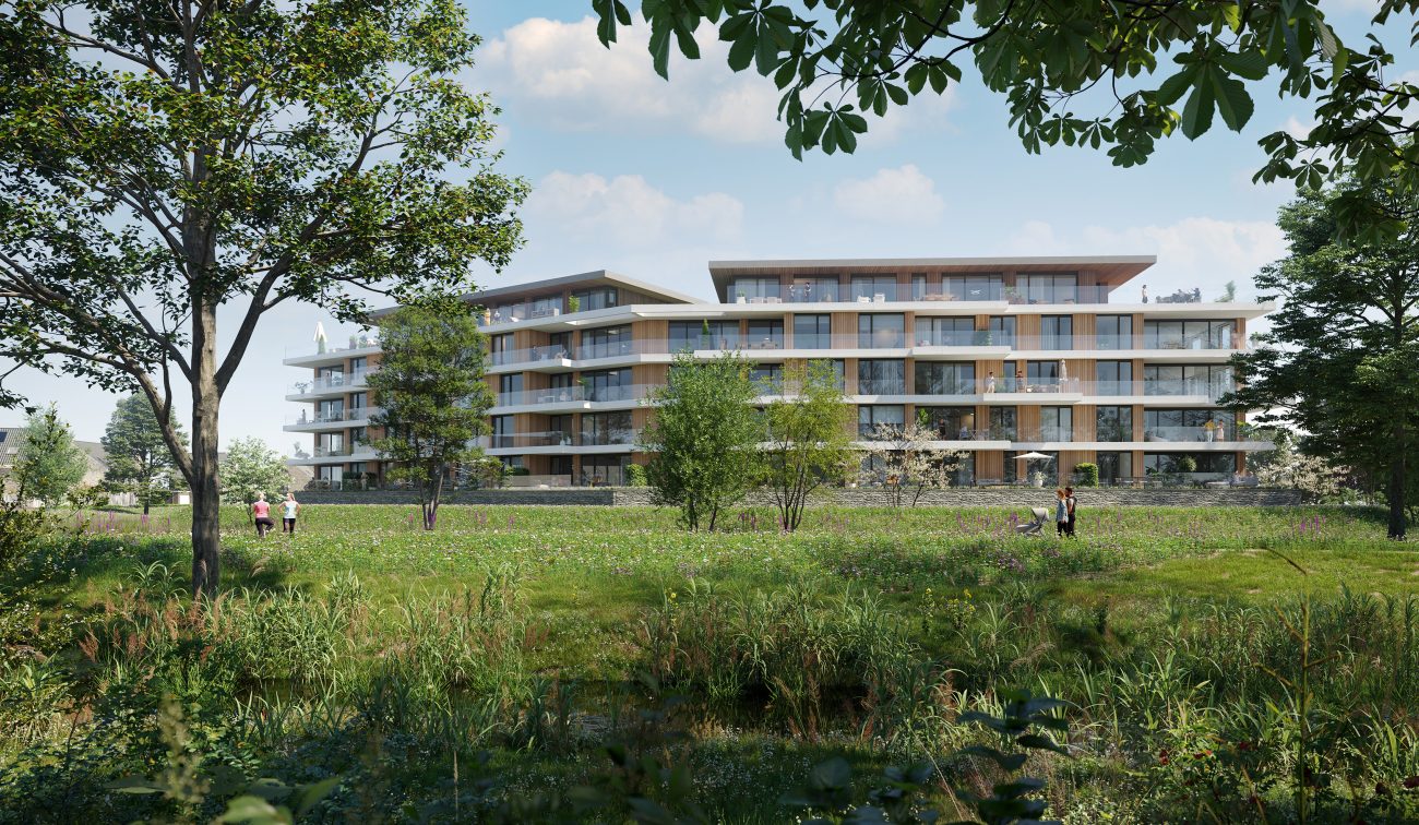 Overdagimpressie van de nieuwbouwappartementen in Land van Anna in Goirle, gezien vanaf het park met zicht op het groene landschap en de moderne gebouwen.