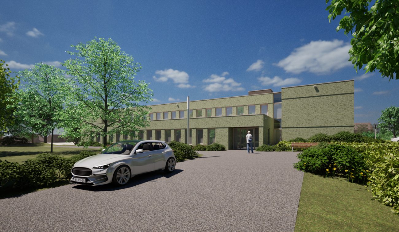 Impressie van nieuw zorgcomplex Levanto in Kerkrade met groene buitenruimte en moderne gevels.