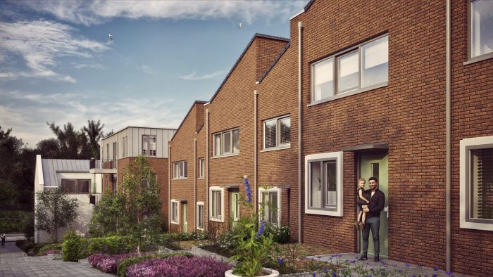 Impressie van rijwoningen binnen nieuwbouwproject ’t Oude Raadhuis Ulestraten met groene tuinzone.