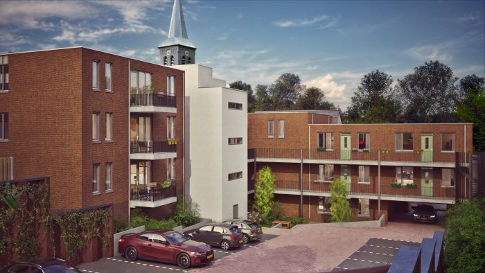 Impressie van appartementen en rijwoningen in nieuwbouwproject ’t Oude Raadhuis Ulestraten met parkeerruimte.