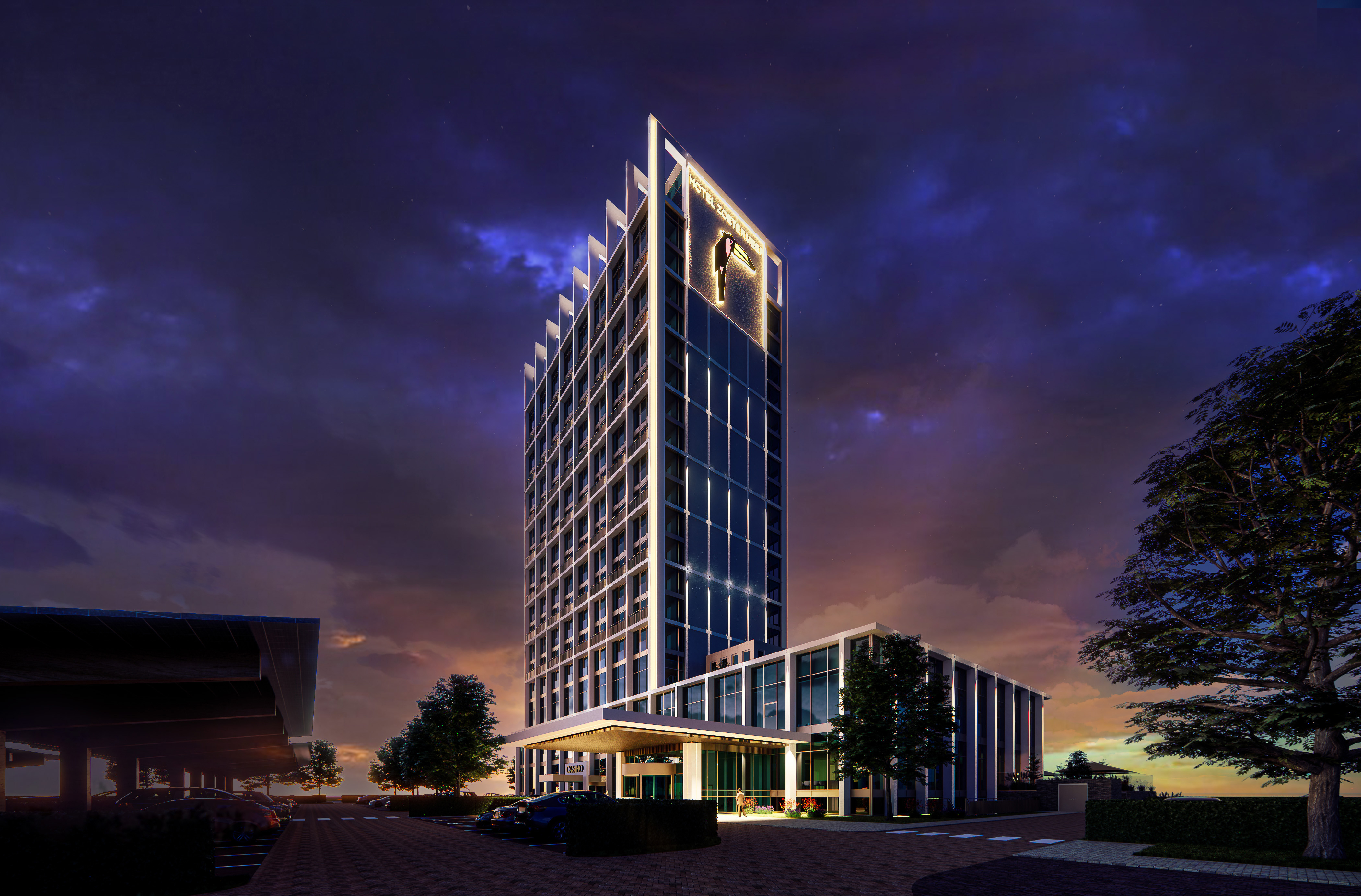 Nachtimpressie van het nieuwgebouwde Van der Valk Hotel Zoetermeer, met moderne architectuur en sfeervolle verlichting van de gevel en entree.