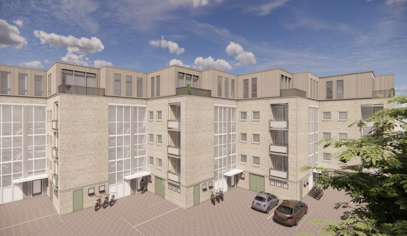 Impressie van het groot onderhoud en de optopping van de Grijpmaflats in Eindhoven, met een beeld van de toekomstige uitstraling van de flats.