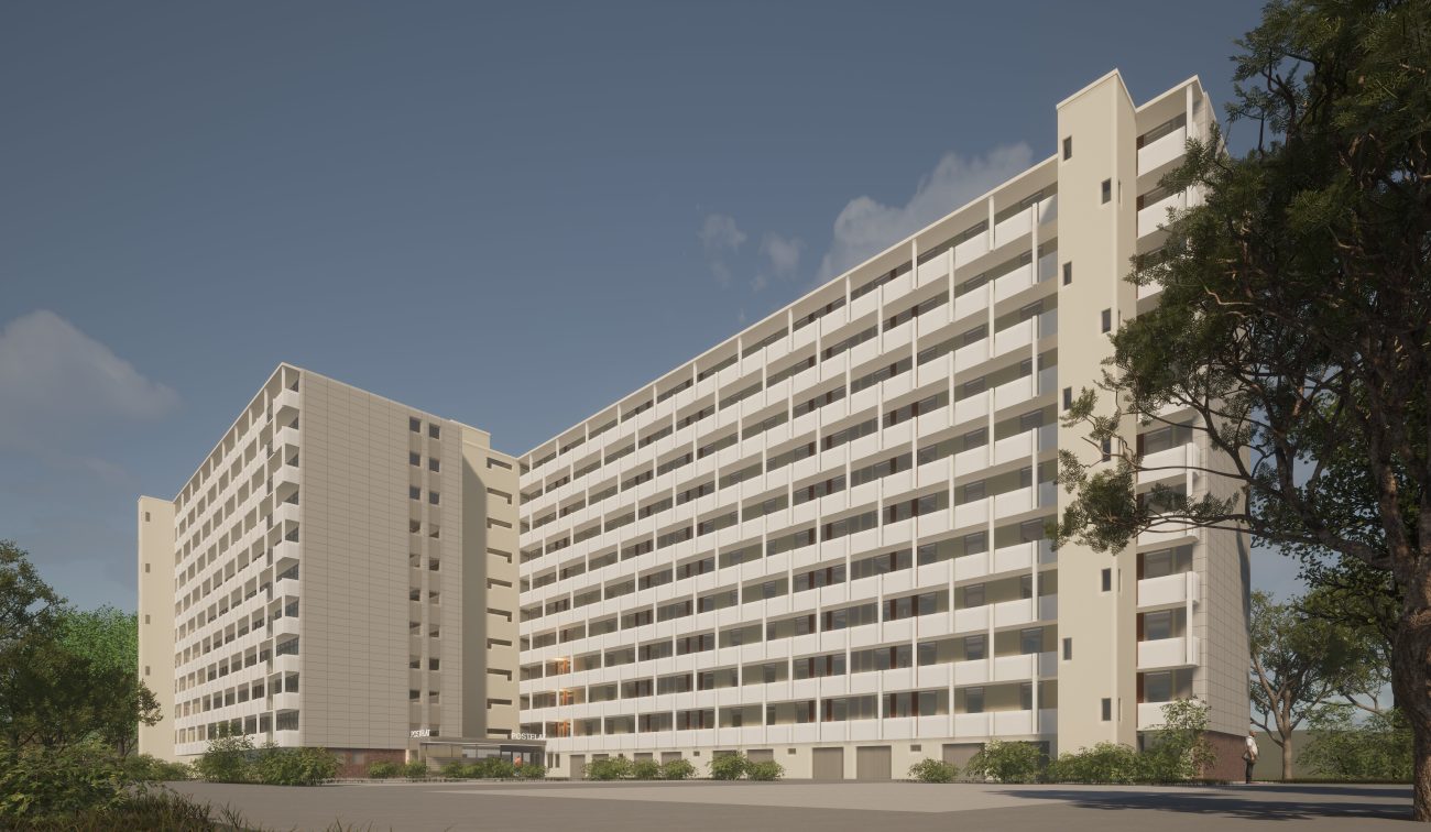 Detailimpressie Postflat Venlo: vernieuwde witte balkonbanden, ritmiek van kolommen en zon-schaduw