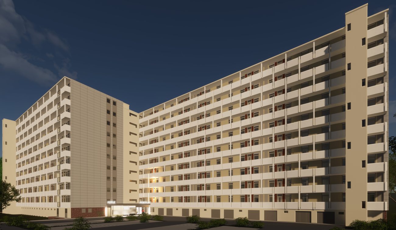 Nachtimpressie renovatie Postflat Venlo: lange galerijflat met balkons, lichte entree en nieuwe gevel