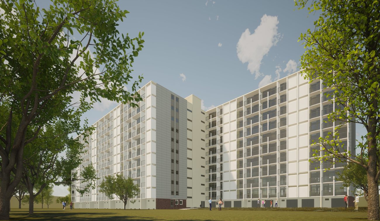 Ontwerpimpressie Postflat Venlo: opgefriste hoogbouw met ritme van balkons en groene binnentuin