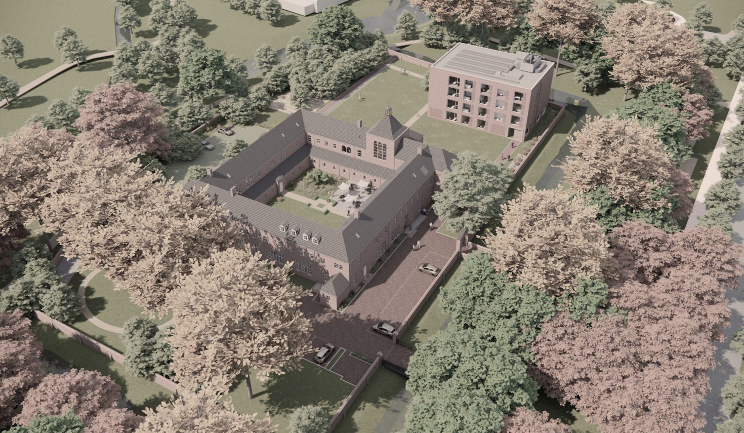 Impressie Luchtbeeld transformatie Clarissenklooster Eindhoven – Hotel Clara met binnenhof, paviljoen en park