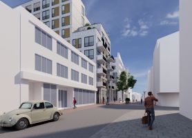 Impressie transformatie De Componist Kerkrade: witte gevel met uitkragende balkons en actieve plint