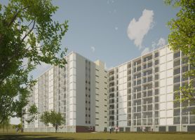 Ontwerpimpressie Postflat Venlo: opgefriste hoogbouw met ritme van balkons en groene binnentuin