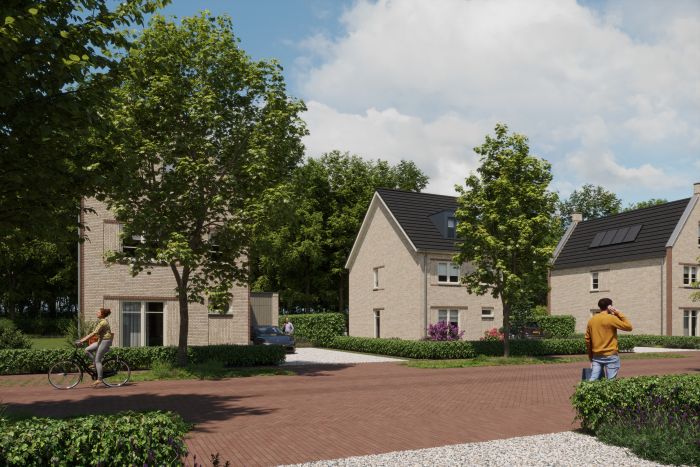 Impressie van nieuwbouwwoningen aan groene, boomrijke laan in Bosrijk Mariendaal, Velp.