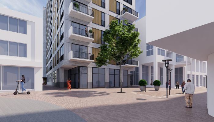 Ontwerpimpressie De Componist: transparante plint, stedelijk pleintje, balkons met zwarte hekwerken