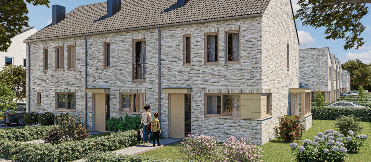 Impressie Molenbeekhof Sittard: rijwoningen in licht metselwerk, kappen, voortuinen en stoep