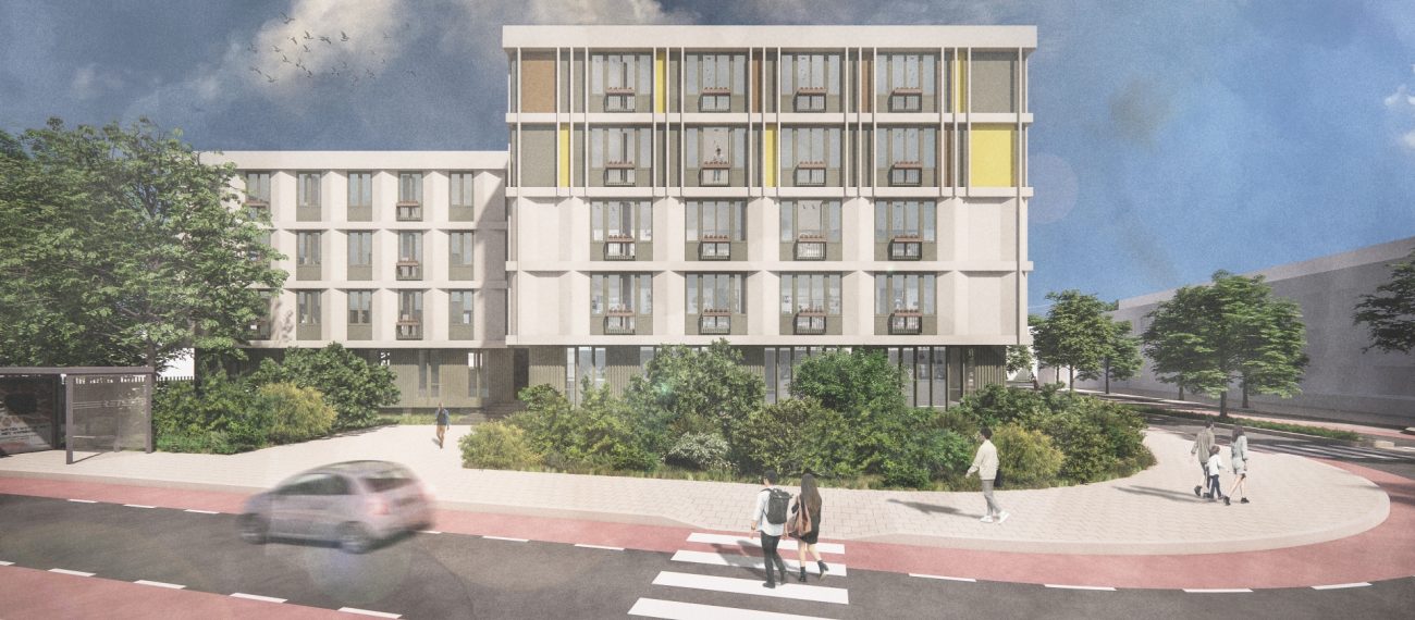 Impressie transformatie Adelbert van Scharnlaan Maastricht: modern gevelritme met geelaccenten en groene plint