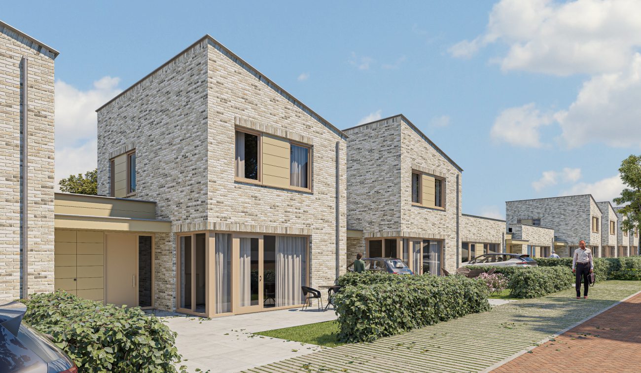 Impressie Molenbeekhof Sittard: lichte baksteenwoningen met grote ramen, opritten, hagen en stoep