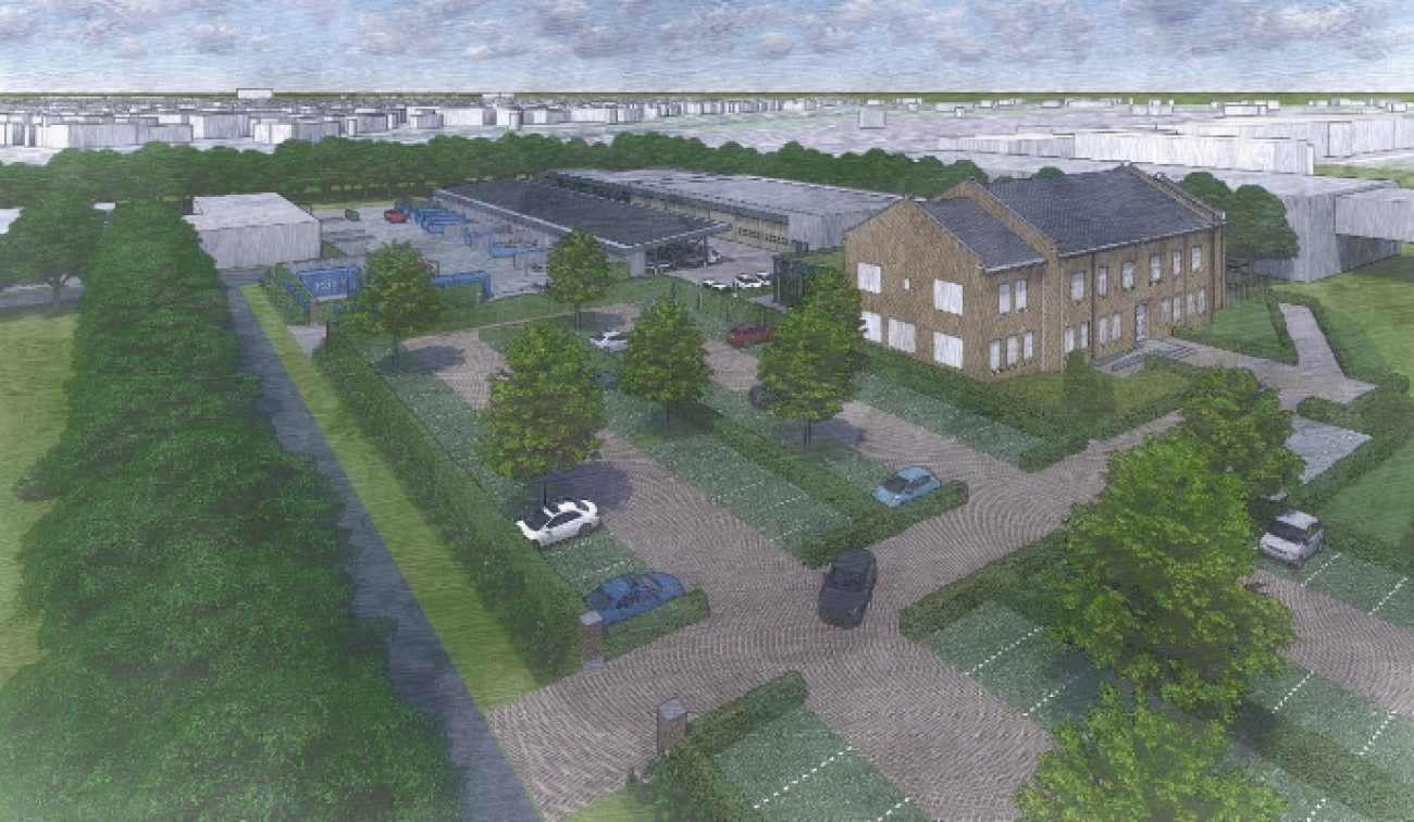 Tekening vernieuwbouw Wijkbeheer & IPOR Geleen: vogelvlucht met parkeerplaatsen, hagen en veel groen