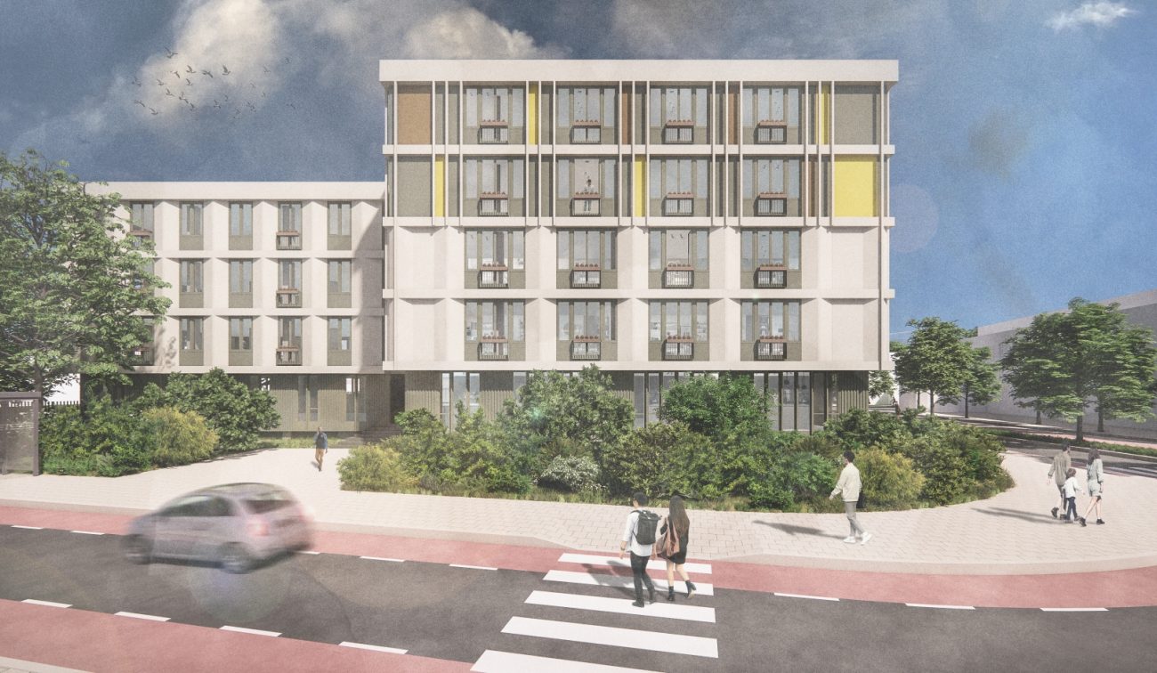 Impressie transformatie Adelbert van Scharnlaan Maastricht: modern gevelritme met geelaccenten en groene plint