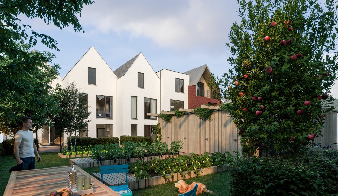 Impressie Stadsgeluk Utrecht – binnentuin met stadswoningen, moestuinbakken, appelboom en spelende hond op een zomeravond.