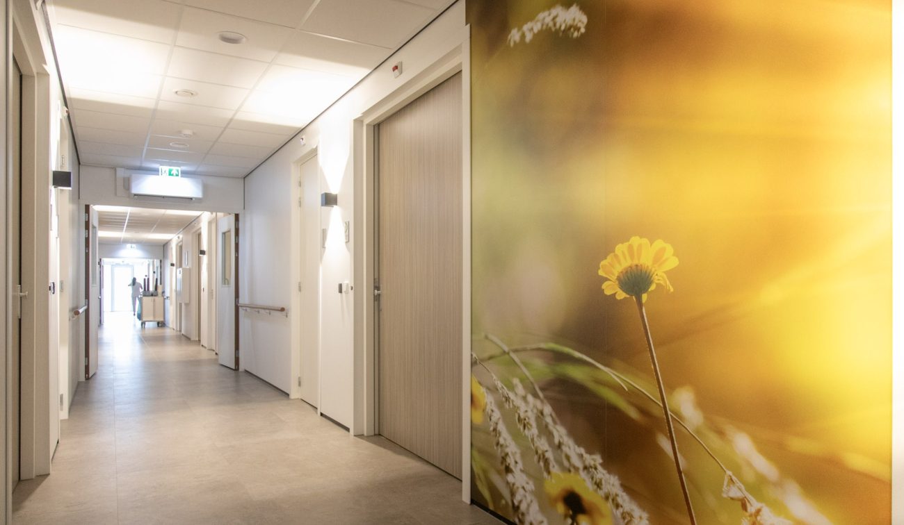Heldere zorggang met systeemplafond, deuren en handgrepen langs de wanden; rechts een grote wandprint van een gele bloem, links in de verte een medewerker en een nooduitgang-pictogram.