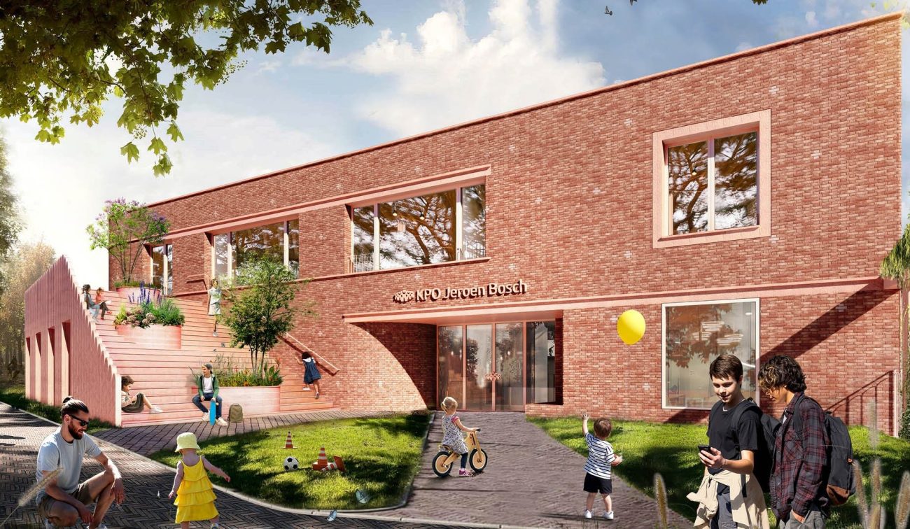 Impressie Kindcentrum Jeroen Bosch Roosendaal: nieuwbouw school, baksteen, trap, entree en spelende kinderen