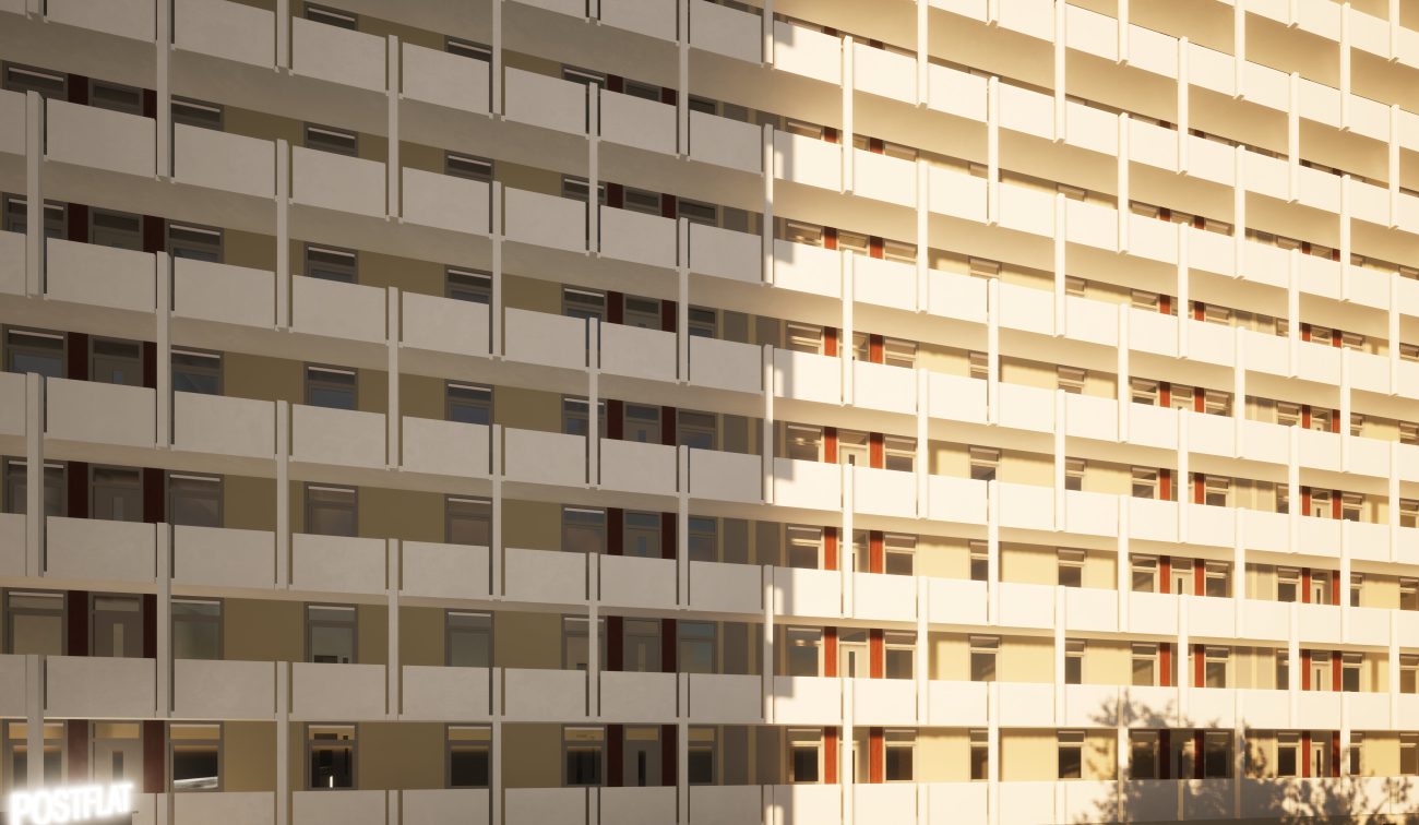 Detailimpressie Postflat Venlo: vernieuwde witte balkonbanden, ritmiek van kolommen en zon-schaduw