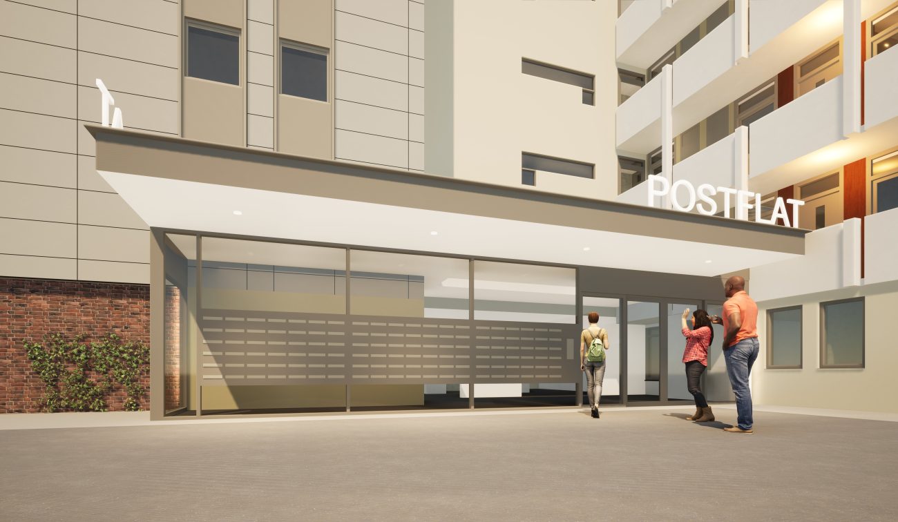 Visualisatie Postflat Venlo na renovatie: transparante entree met luifel en bewoners bij toegang