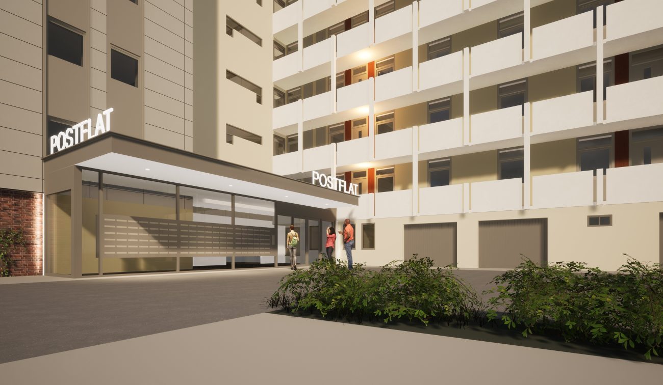 Ontwerpimpressie Postflat Venlo: energiezuinige renovatie met transparante entree, luifel en gevelsigning