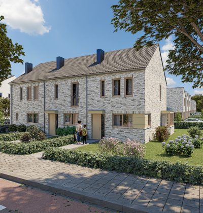 Impressie Molenbeekhof Sittard: rijwoningen in licht metselwerk, kappen, voortuinen en stoep