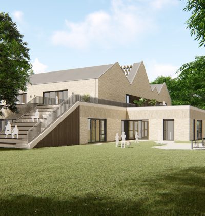 Artist impression SKC Berg en Terblijt: twee lagen, zigzagkappen, buitentrap en kindvriendelijk groen