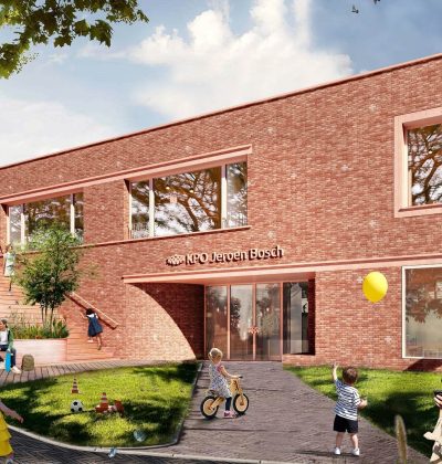 Impressie Kindcentrum Jeroen Bosch Roosendaal: nieuwbouw school, baksteen, trap, entree en spelende kinderen