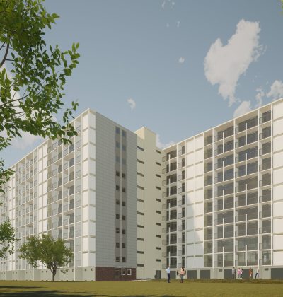 Ontwerpimpressie Postflat Venlo: opgefriste hoogbouw met ritme van balkons en groene binnentuin