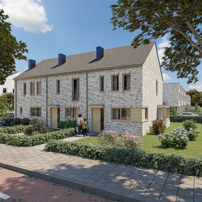 Impressie Molenbeekhof Sittard: rijwoningen in licht metselwerk, kappen, voortuinen en stoep