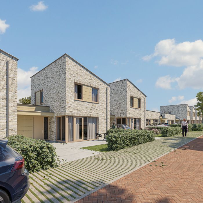 Impressie Molenbeekhof Sittard: lichte baksteenwoningen met grote ramen, opritten, hagen en stoep