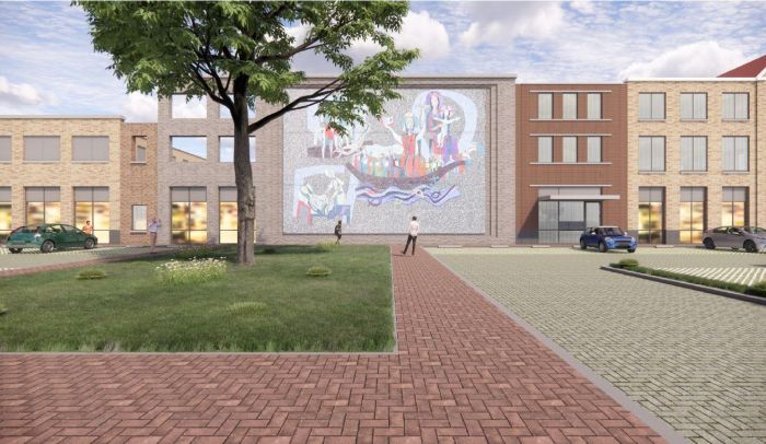 Impressie van nieuwbouw Martinushof Tegelen met pleinruimte, gevels en kunstwerk op de wand.
