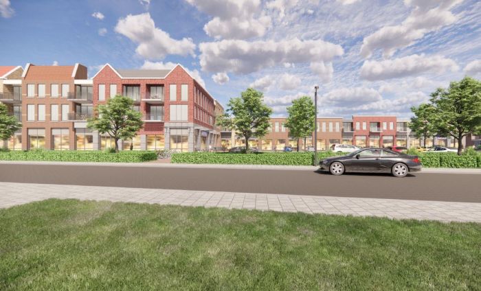 Impressie van nieuwbouwproject Martinushof in Tegelen met appartementen, winkels en groene buitenruimte.