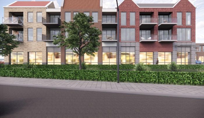 Gevelimpressie van nieuwbouw Martinushof Tegelen met appartementen, balkons en winkelplint.