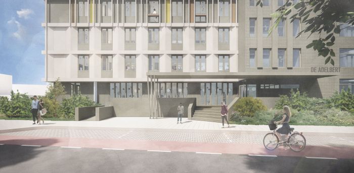 Impressie transformatie Adelbert van Scharnlaan Maastricht: entree met luifel, trappen en groen plantsoen