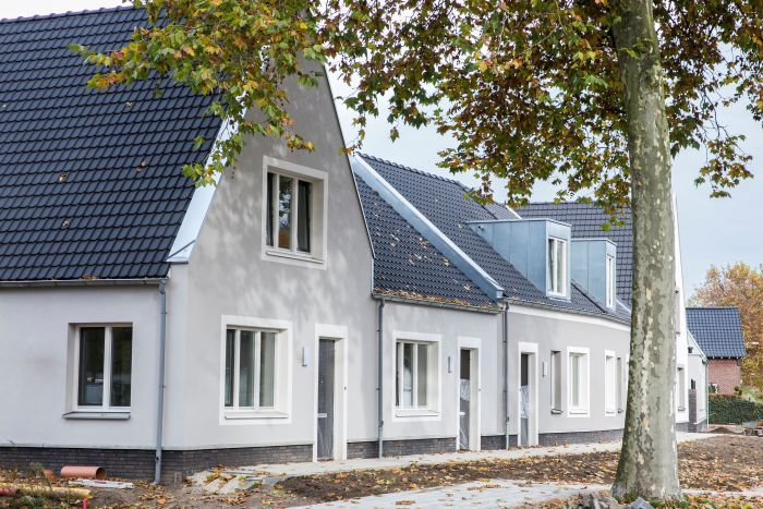 Rijwoningen met lichtgestucte gevels en donker pannendak, zinken dakkapel en bomen met herfstblad langs de stoep