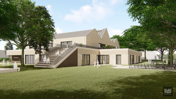 Artist impression SKC Berg en Terblijt: twee lagen, zigzagkappen, buitentrap en kindvriendelijk groen