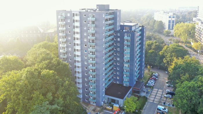 Luchtfoto van de gerenoveerde Aambosveldflat in Heerlen: twee gekoppelde grijze woontorens met glazen balkons, omringd door bomen, met parkeervakken en zacht ochtendlicht.