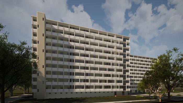 Dagimpressie Postflat Venlo: vernieuwde galerijflat met ritmische balkons, lichte gevel en bomen