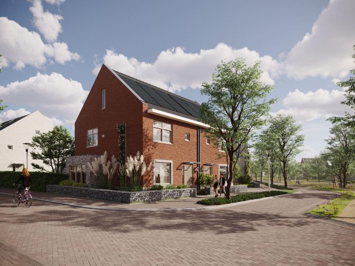 Nieuw Absbroek Geleen – hoekblok/2-onder-1-kap met rood baksteen en zonnepanelen op zadeldak aan groene, bochtige woonstraat