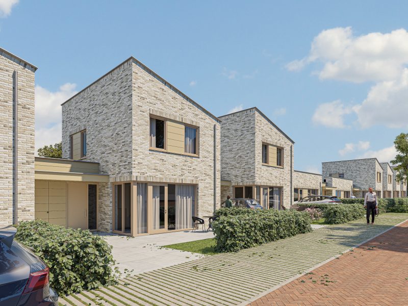 Impressie Molenbeekhof Sittard: lichte baksteenwoningen met grote ramen, opritten, hagen en stoep