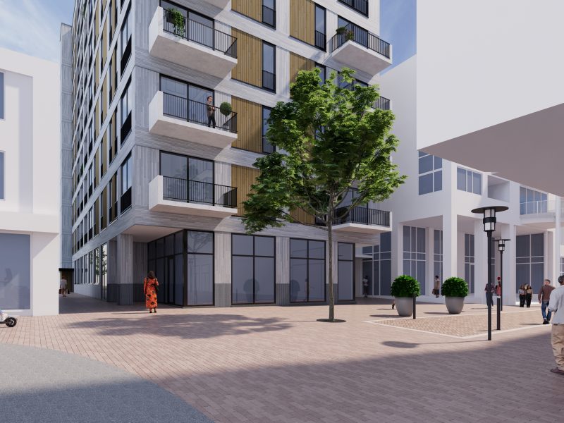 Ontwerpimpressie De Componist: transparante plint, stedelijk pleintje, balkons met zwarte hekwerken