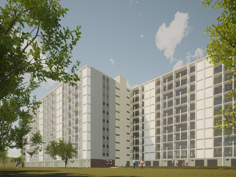 Ontwerpimpressie Postflat Venlo: opgefriste hoogbouw met ritme van balkons en groene binnentuin