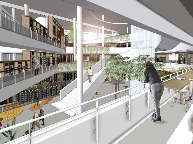 Artist’s impression: open vide met bomen, galerijen met boekenkasten en slingerende looproutes.